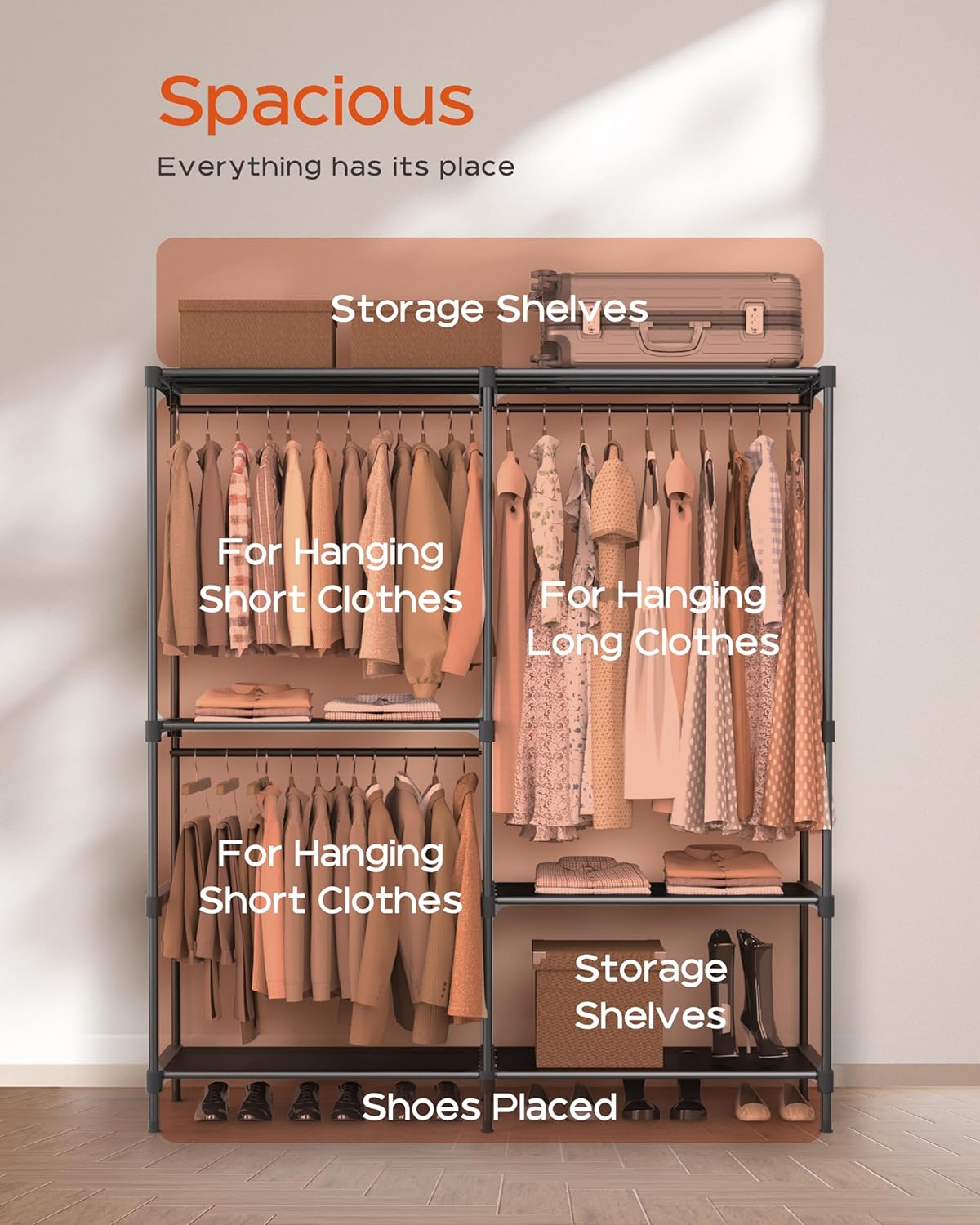 Clothes Rack, Portable Closet, 54.3 Inch Large Capacity Wardrobe Closet, Clothes Storage Organizer with Shelves and 3 Hanging Rods, Easy to Assembly, Black PCT022B01