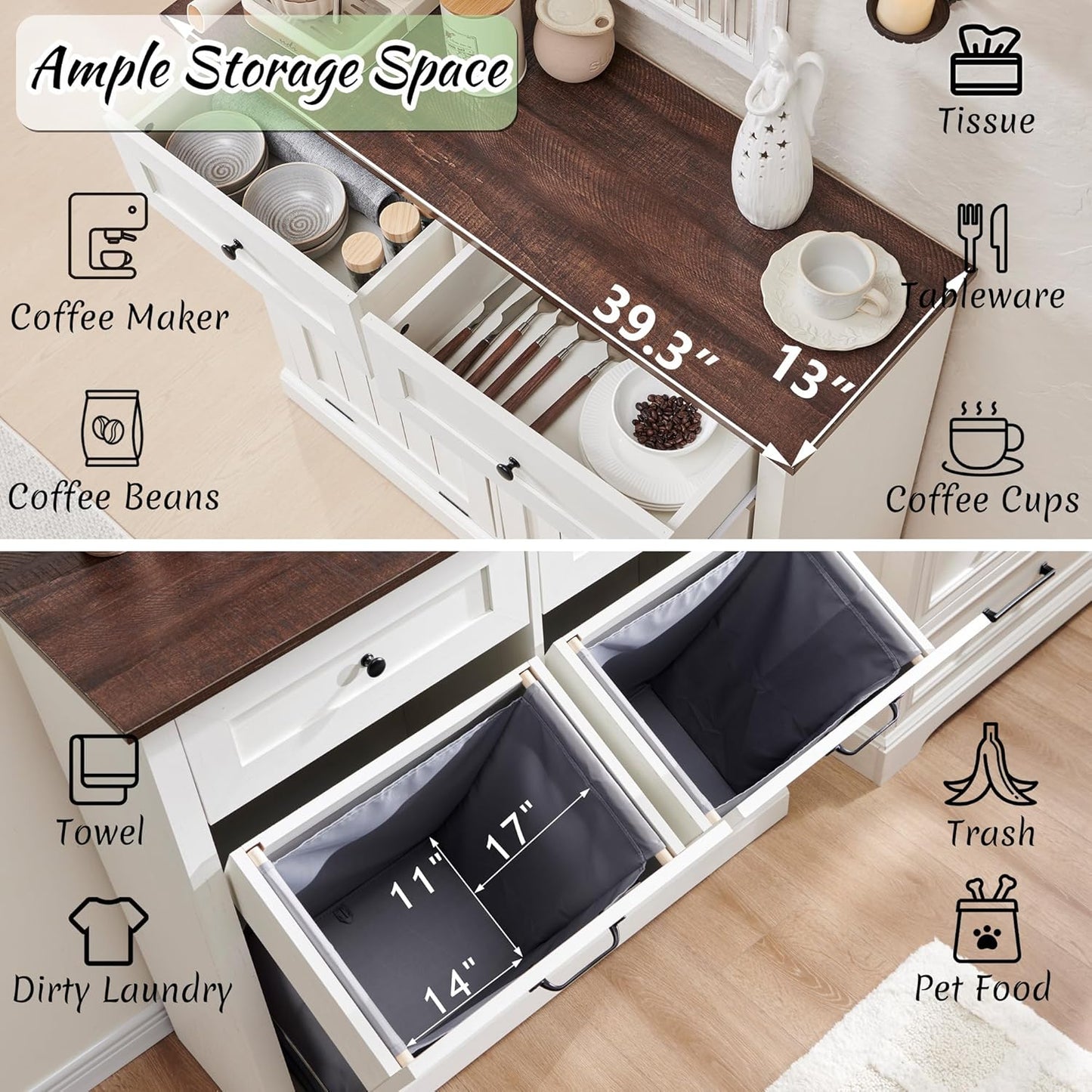 Double Tilt Out Laundry Hamper Cabinet, 20 Gallon Farmhouse Trash Can Cabinet with Drawer, Hidden Wood Garbage Can Bin Cabinets with Laundry Storage Basket for Bathroom, Kitchen (Antique White)