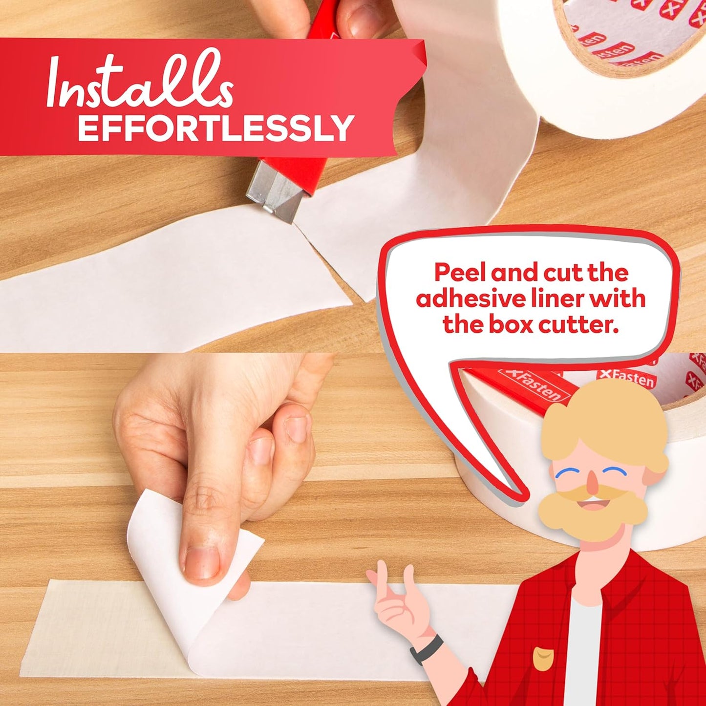 XFasten Double Sided Carpet Tape for Area Rugs, 2 Inch x 10 Yards w/Mini Cutter – Heavy Duty Anti Slip Rug Grip Tape, Works as Rug Gripper, Wood Safe, Easy Removal for Hardwood and Laminate Floors