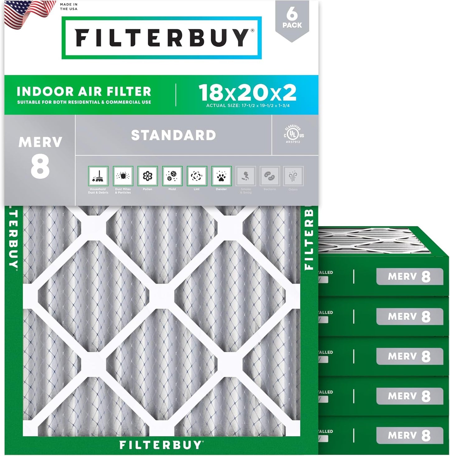 Filterbuy 18x20x2 Air Filter MERV 8 (MPR 700) Dust Defense Replacement (6-Pack), Electrostatic Pleated HVAC AC Furnace Filters, Made in USA (Actual Size: 17.50 x 19.50 x 1.75)