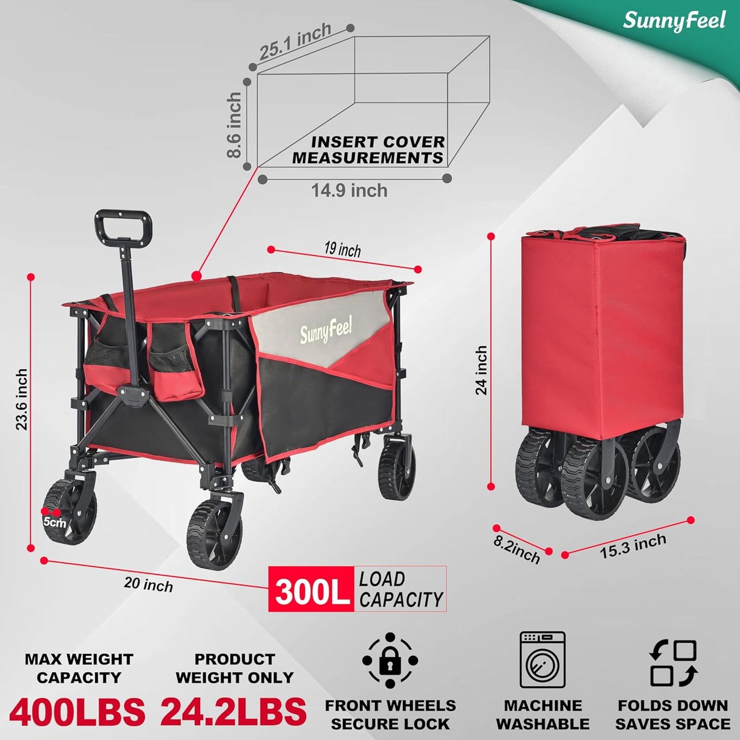 SunnyFeel Heavy Duty Collapsible Outdoor Utility Wagon Cart 400LB Capacity Adjustable Handlebar,Foldable Beach Wheels Stable Durable Oxford Fabric for Shopping Garden Camping (Black & Red)