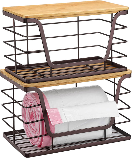 ALOCEO 2 Pack Large Pantry Baskets with Bamboo Lip, Stainless Steel Garbage Bag Holder Dispenser Countertop Storage, Stackable Kitchen Storage Bins for Fruit Onion Potato Vegetable, Brown