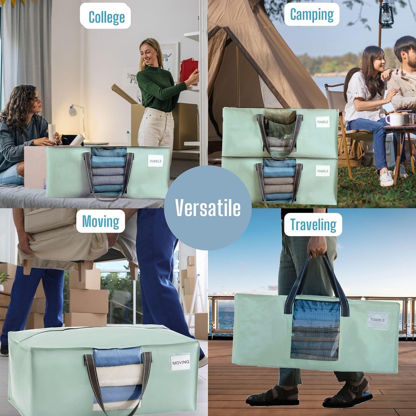 VENO 10 Pack Moving Bags for College, Heavy-Duty Storage Totes, Moving Boxes and Wardrobe Packing Supplies Alternative - Extra Large Durable Laundry Bags for Clothes (Shiny Light Green, 10 Pack)