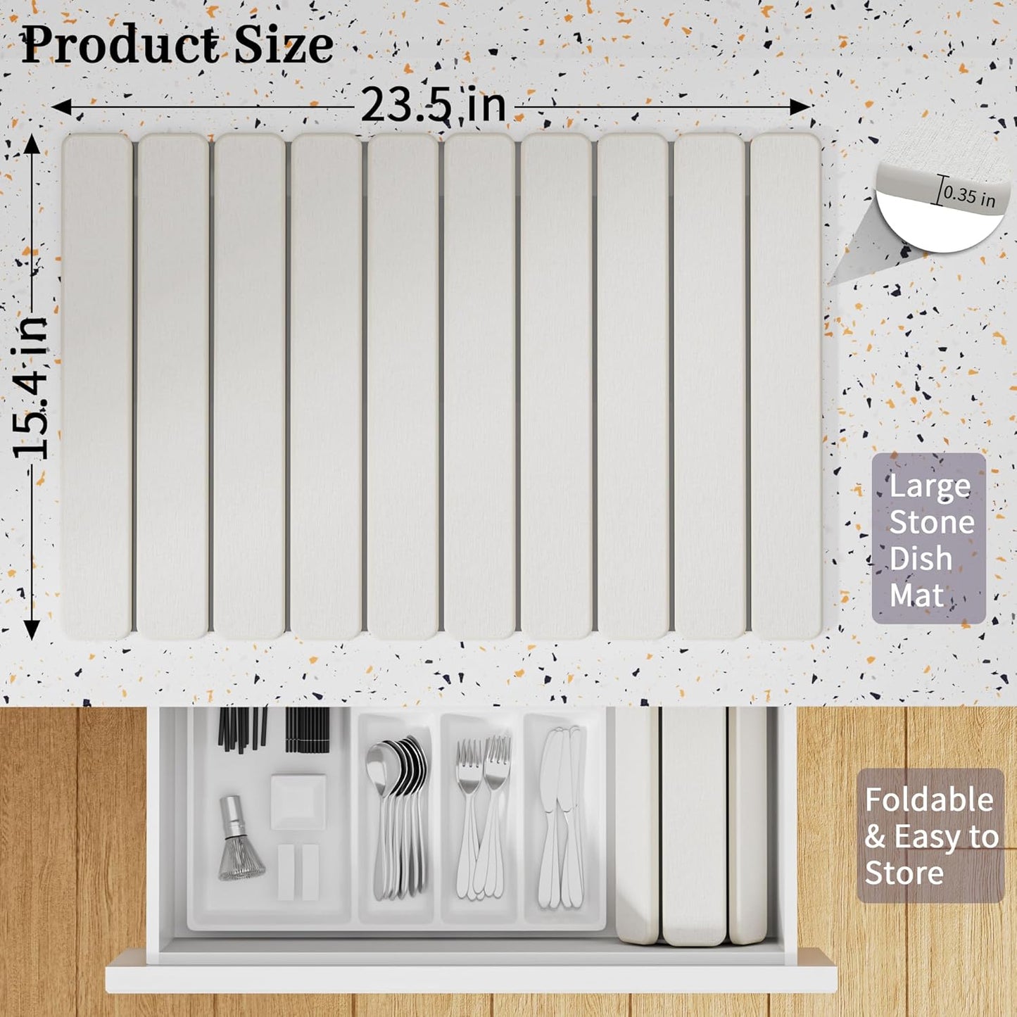 Large Stone Dish Drying Mats for Kitchen Counter – Foldable Quick Dry Stone Mat with Non-Slip Pad & Sandpaper, Super Absorbent Diatomaceous Earth Mat for Dishes and Cups(White 23.5"x15.5")