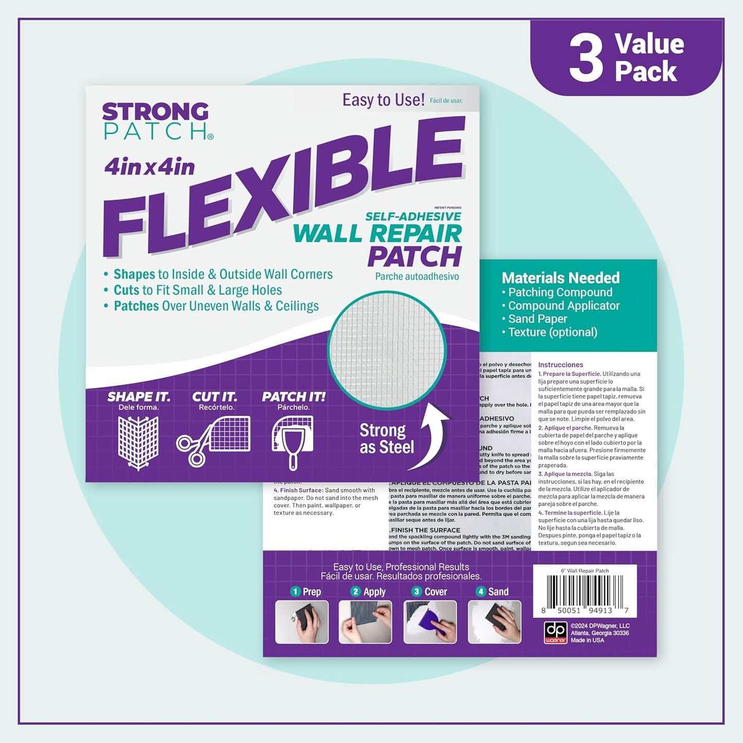 StrongPatch® 4 in. x 4 in. Flexible Self-Adhesive Wall Repair Patch (3-Pack) – Versatile, Cut-to-Fit, Easy Application for Holes, Cracks, and Corners