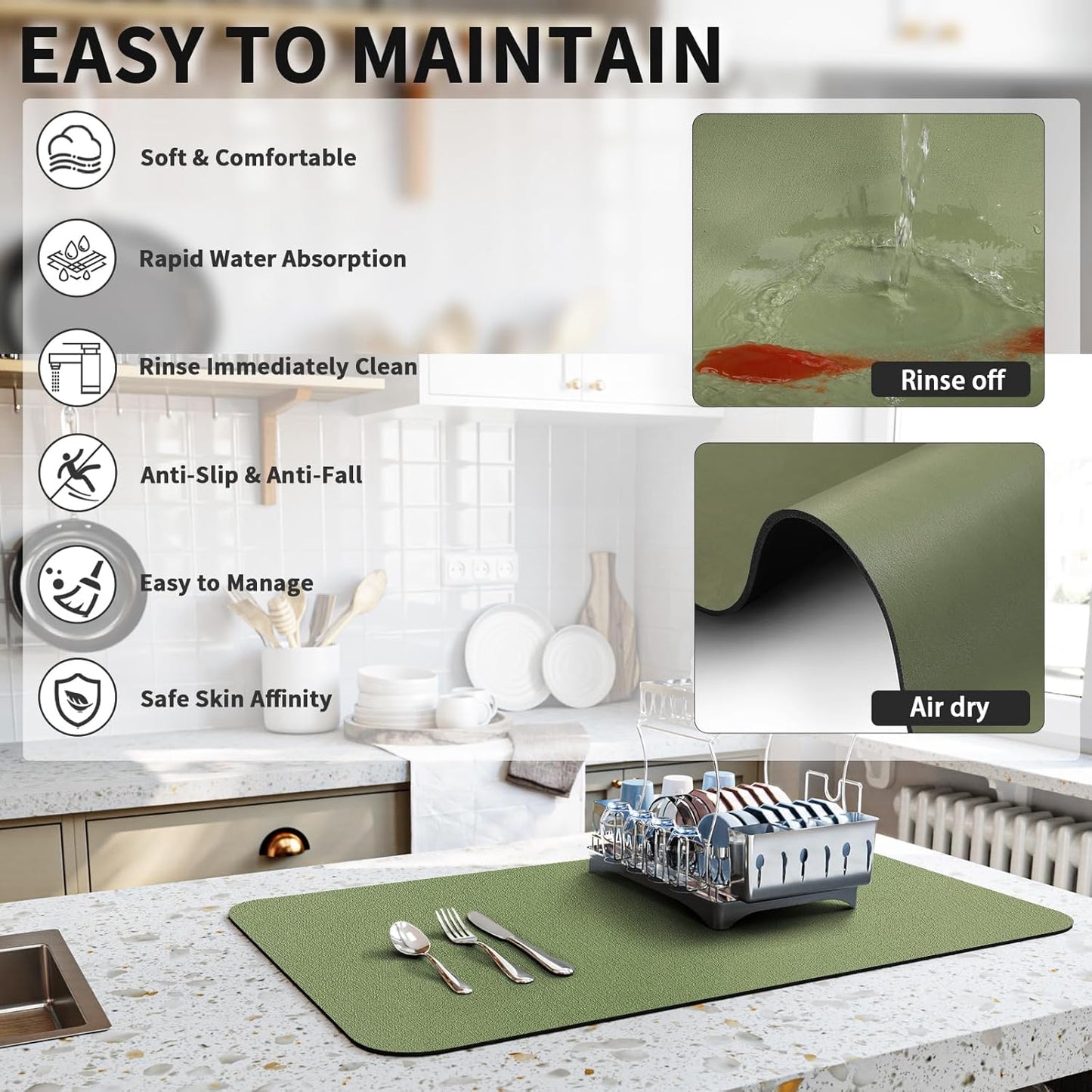 Dish Drying Mat for Kitchen Counter, Heat Resistant Drainer Mats with Non-slip Rubber Backed, Hide Stain Kitchen Super Absorbent Draining Mat, Easy to Clean Dish Rack Pad, Green 16"x20"