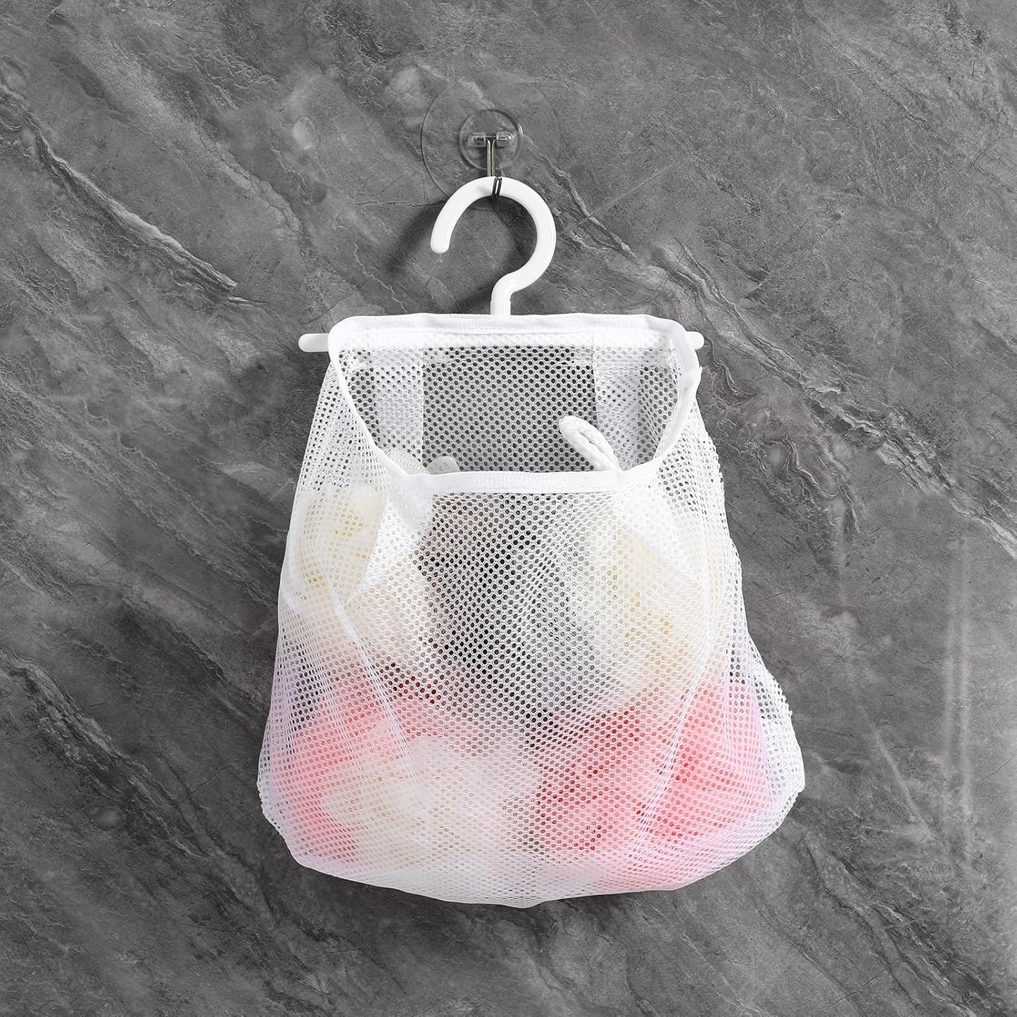 Cabilock 2pcs Multi-functional Hanging Mesh Bag Breathable Laundry Storage Bag for Bathroom Kitchen Clothespin Holder Fruit and Vegetable Pouch Hanging Organizer for Home Use
