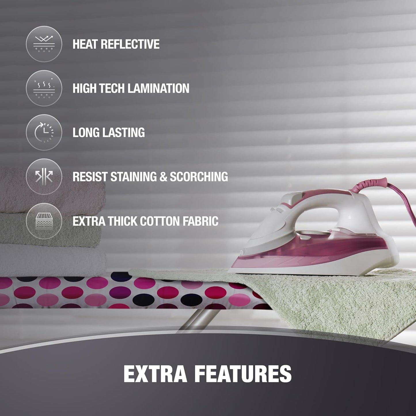 Extra Thick Ironing Board Covers with Pad Standard Size 15x54, Snug Fit Adjustable Drawstring Tightening with Stopper, Heat Reflective Coating, Nose Pocket and Fastener Straps, Polka Dots