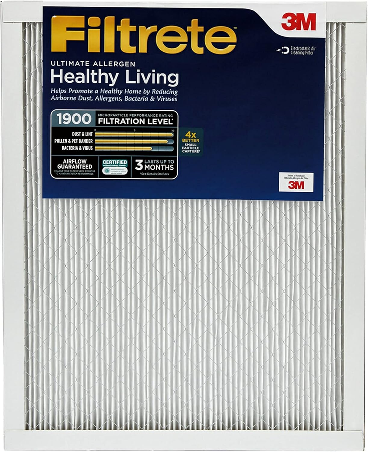 Filtrete 16x20x1 AC Furnace Air Filter, MERV 13, MPR 1900, Premium Allergen, Bacteria & Virus Filter, 3-Month Pleated 1-Inch Electrostatic Air Cleaning Filter, 6-Pack (Actual Size 15.69x19.69x0.78 in)