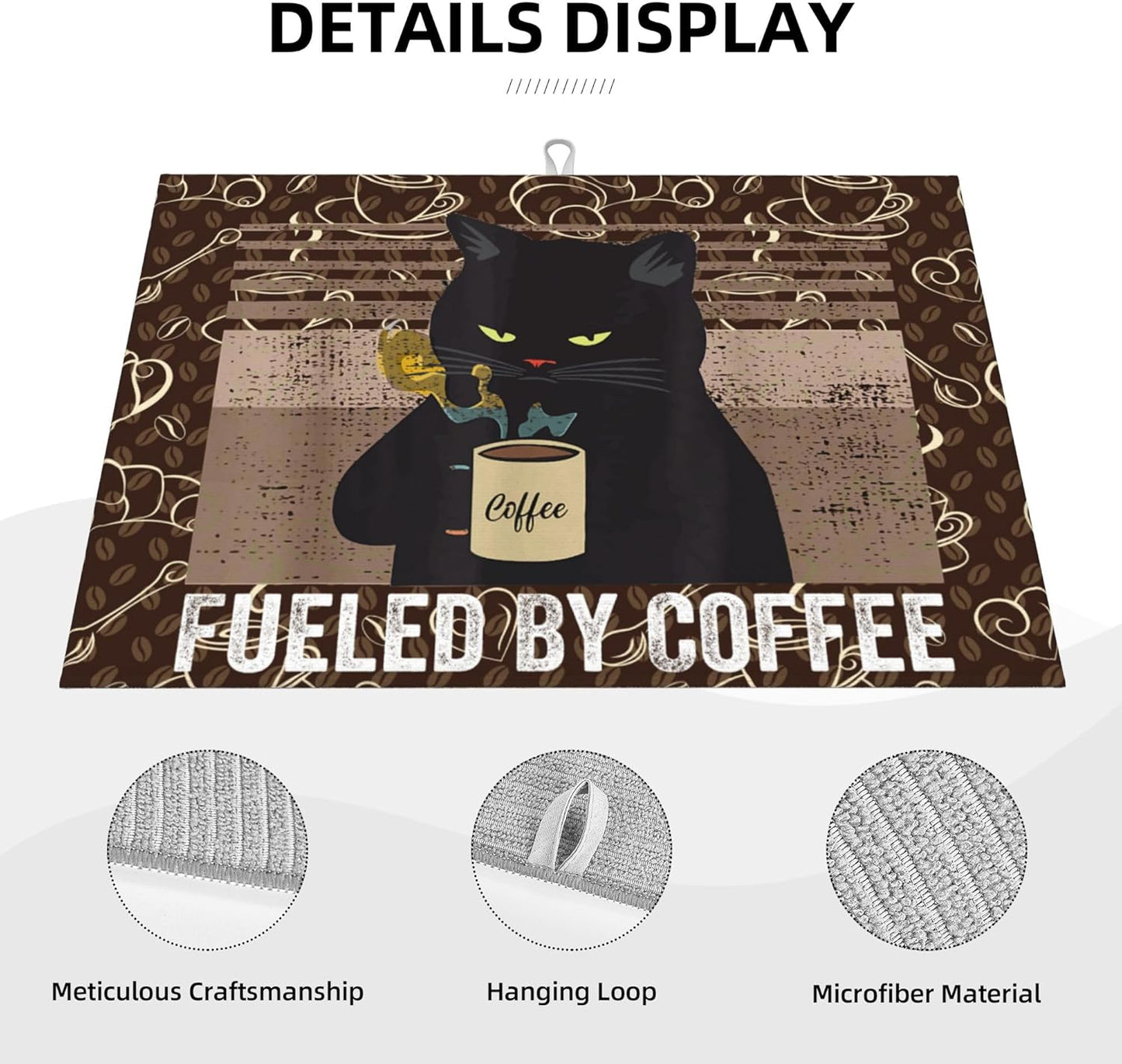 Vintage Cat Dish Drying Mat for Kitchen Counter Absorbent Reversible Retro Coffee Drying Pad Kitchen Decor Dish Drainer Rack Mats 18"x24"