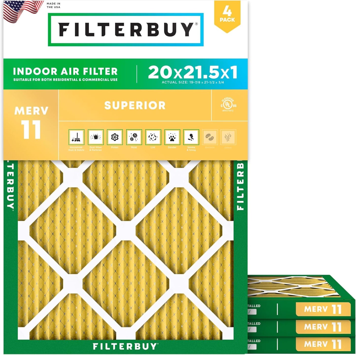 Filterbuy 20x21.5x1 Air Filter MERV 11 (MPR 1200) Allergen Defense Replacement (4-Pack), Electrostatic Pleated HVAC AC Furnace Filters, Made in USA (Actual Size: 19.88 x 21.50 x 0.75)