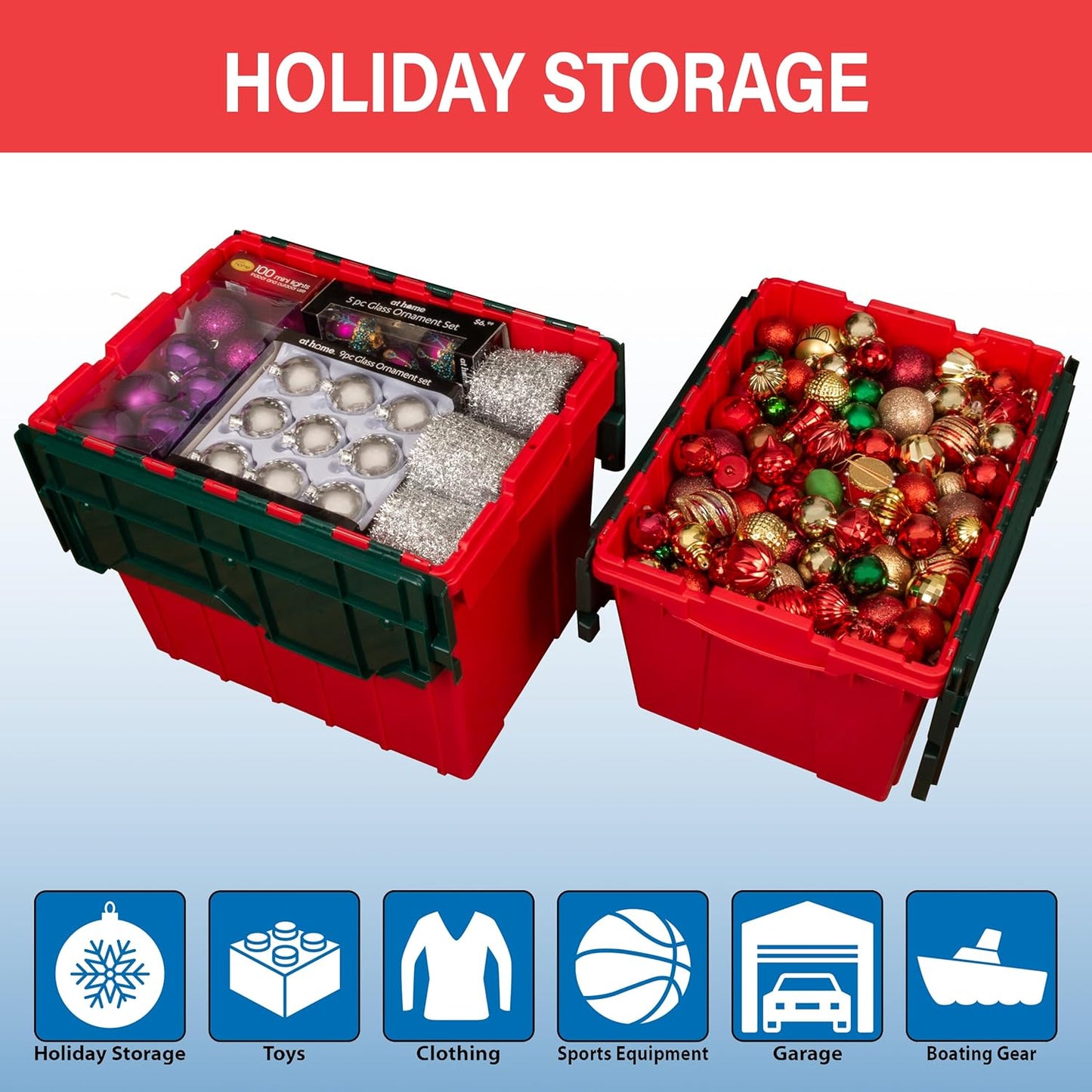 Akro-Mils KeepBox 12 Gallon Storage Container, Nesting and Stackable Plastic Storage Box with Lid Attached, Clear Tote for Garages, Closets, and Moving, 21-1/2" x 15" x 12-1/2", Red/Green, 6-Pack