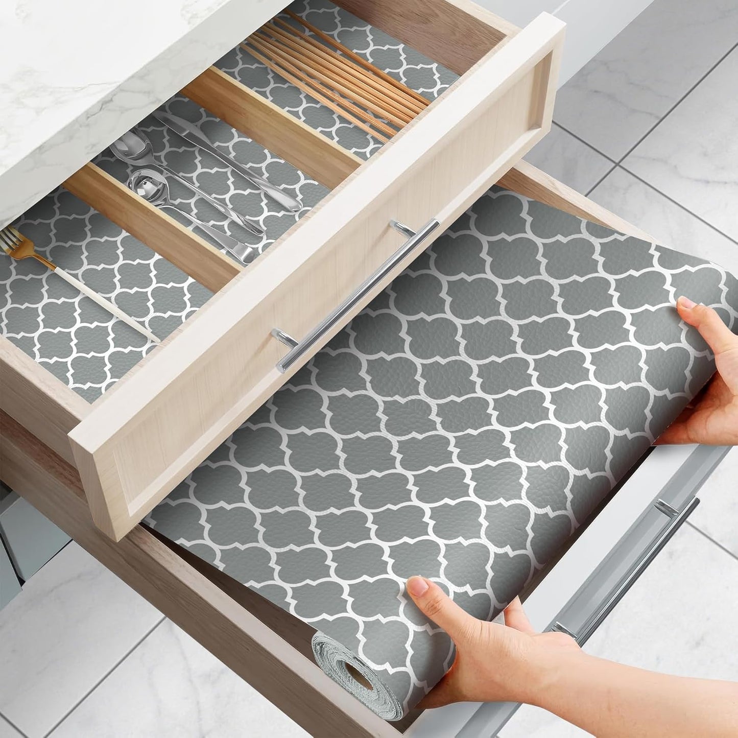 Drawer and Shelf Liner for Kitchen Cabinets Non-Adhesive, Non-Slip Cabinet Liner Shelf Paper Strong Grip Waterproof Easy to Clean for Kitchen Shelves Cupboard, Gray Lantern,12IN X 20FT