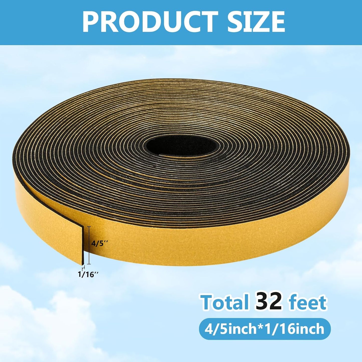 Black Weather Stripping Door Seal Strip (3/5 Inch X 1/16 Inch X 32Feet), Strong Adhesive, Lightproof, Soundproof, Weatherproof Foam Tape Insulation for Sliding Door, Front Door Frame, Windows