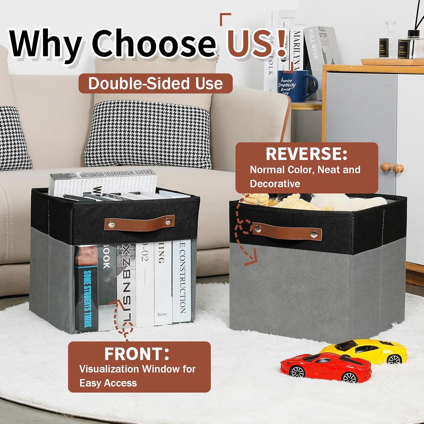 HNZIGE Cube Storage Bins 11 x 11, Fabric Cubes Storage Bins 11x11 Clear Storage Organizer,Canvas Storage Bin for Cube Storage, Cubby Collapsible Organizer Bin for Organizing Home(Gray Black 6PCS)