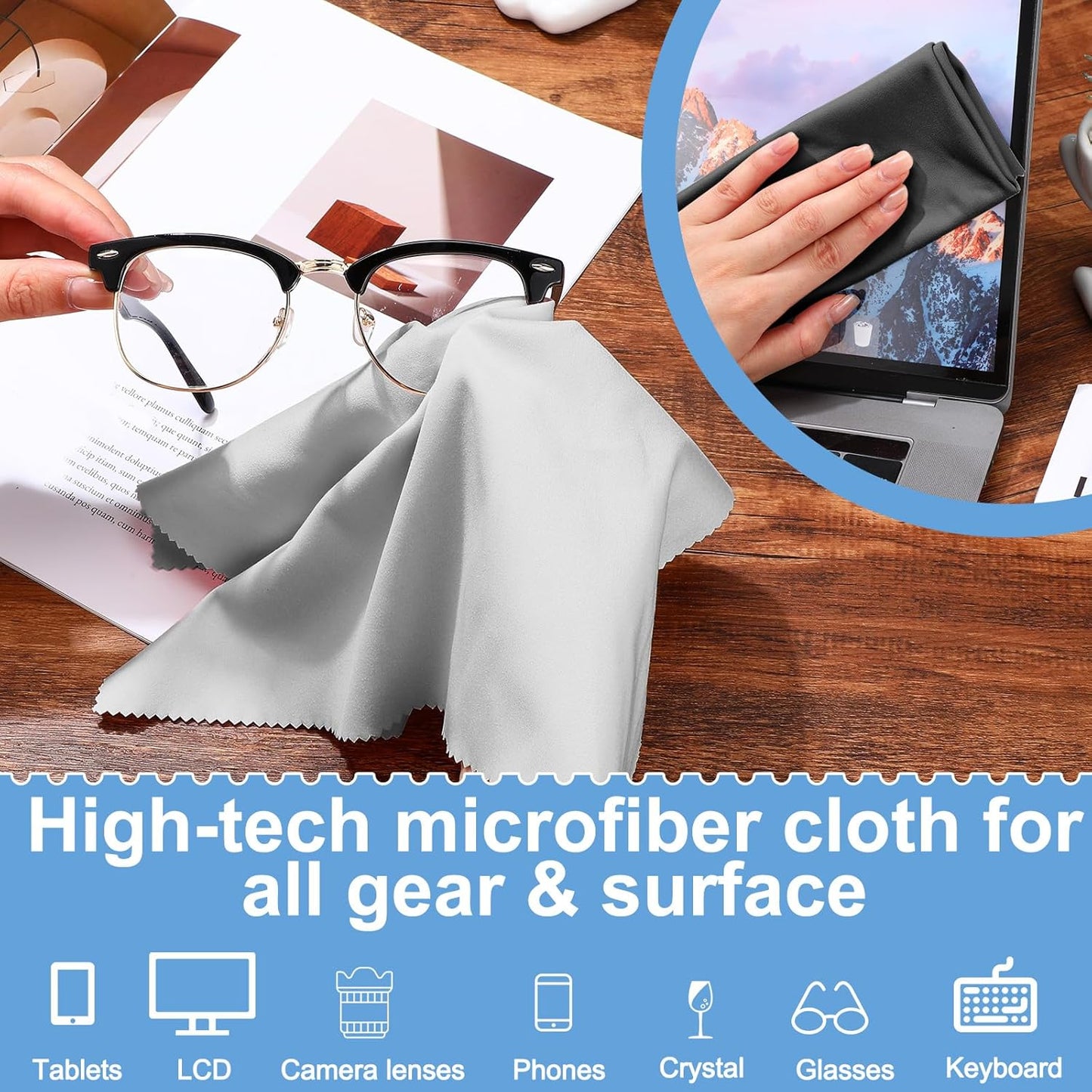 Frienda 12 Pack Large Microfiber Glass Cleaning Cloths 12 x 12 Inch Oversized Sunglasses Cleaning Cloths for Electronics Glasses Screens and Lenses(Blue,Light Gray,Black)