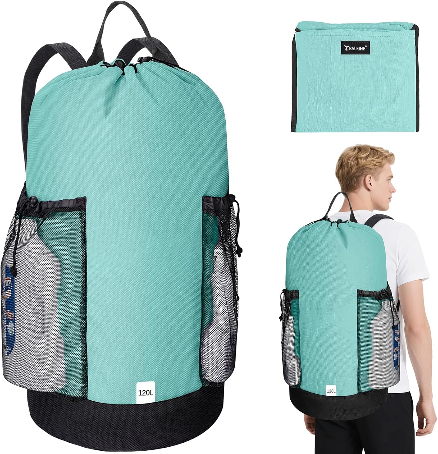 BALEINE 120L Laundry Bag Backpack, 900D Oxford Fabric Large Travel Laundry Bags with Shoulder Straps and 2 Mesh Pockets for College Dorm, Apartment, Laundromat (Sky Blue, 120L)