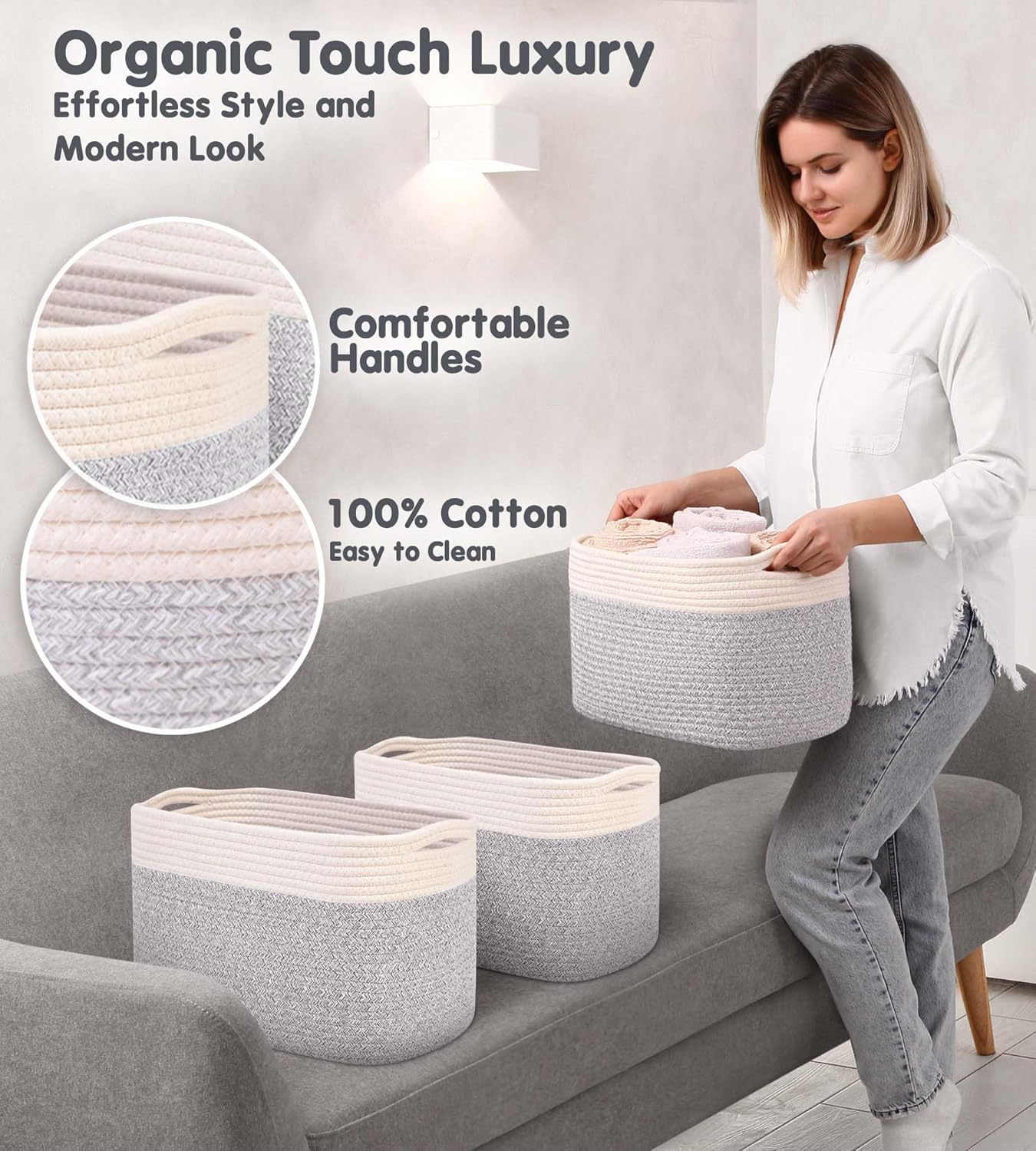 CHAT BLANC Cotton Rope Baskets for Organizing | Storage Baskets for Shelves | Rope Basket for Storage, Small Laundry Baskets, Woven Baskets for Storage, Dog Toy Bin, Baby Basket,Off White &Gray 3 Pack