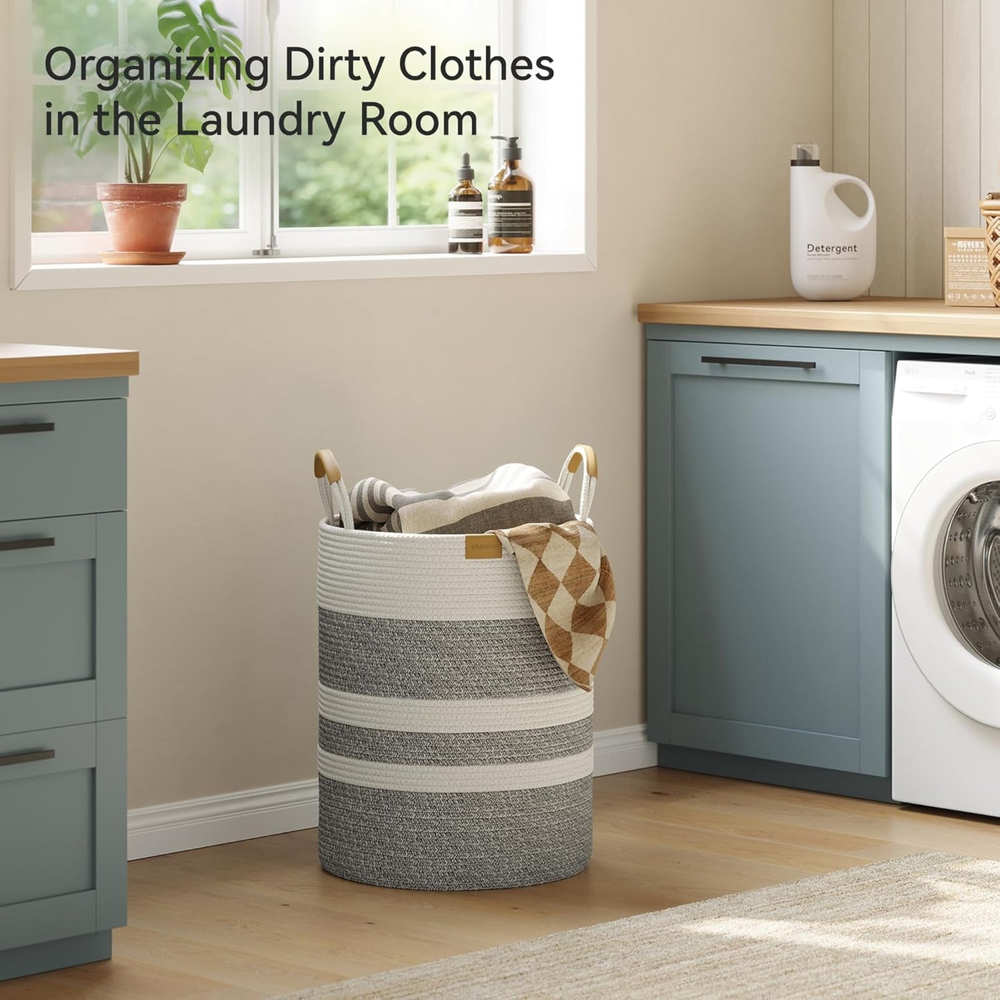 62L Striped Laundry Hamper with Leather Handles,Large Foldable Laundry Basket for Clothes,Cotton Rope Storage Bin for Blankets,Woven Clothes Basket for Bedroom,Gray Stripes