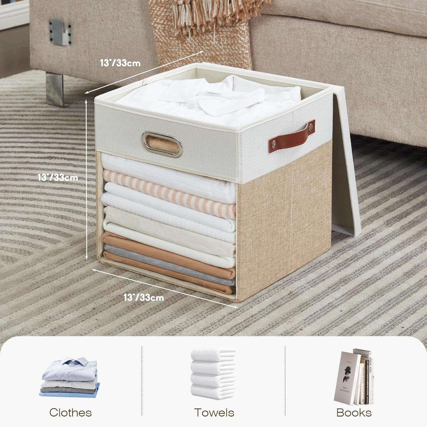 Fabric Storage Cubes with Clear Windows and Lids, 13'' Foldable Storage Bins with 3 Handles, Decorative Storage Boxes for Home, Bedroom, Closet, Office (Beige & White)