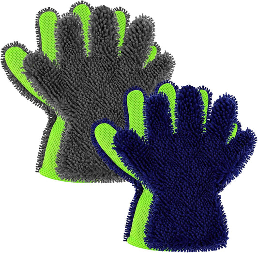 Ferraycle 2 Packs Car Wash Mitt 5 Finger Microfiber Wash Mitts Auto Car Dusting Gloves Double Sided Cleaning Gloves for Kitchen Home(Blue and Gray)