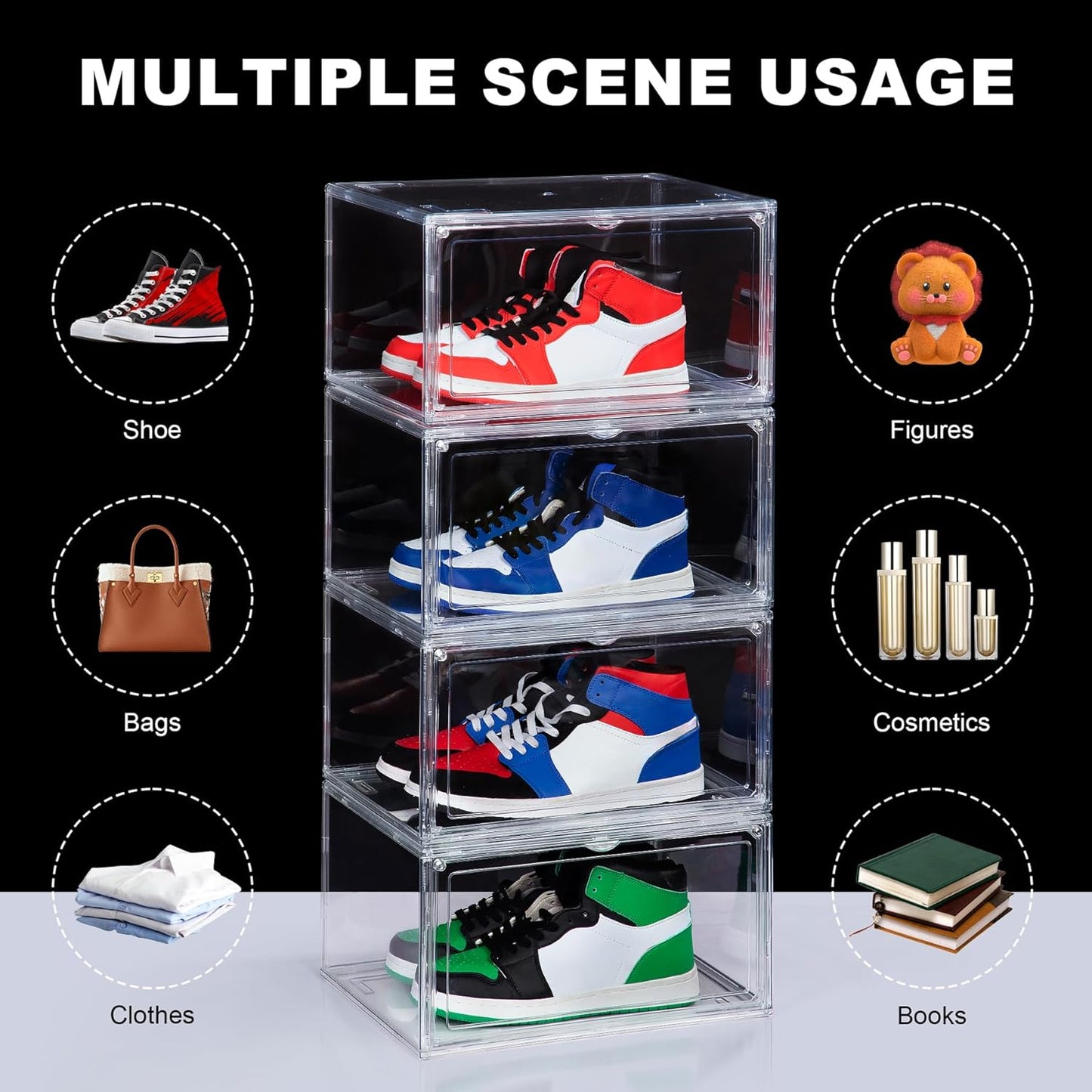 NYZE 12 Pack Acrylic Shoe Boxes Side Open, Clear Shoe Box Plastic Stackable, Shoe Storage Organizer with Magnetic Door, Shoe Display Shoe Containers with Lids Fits Up to Size 15