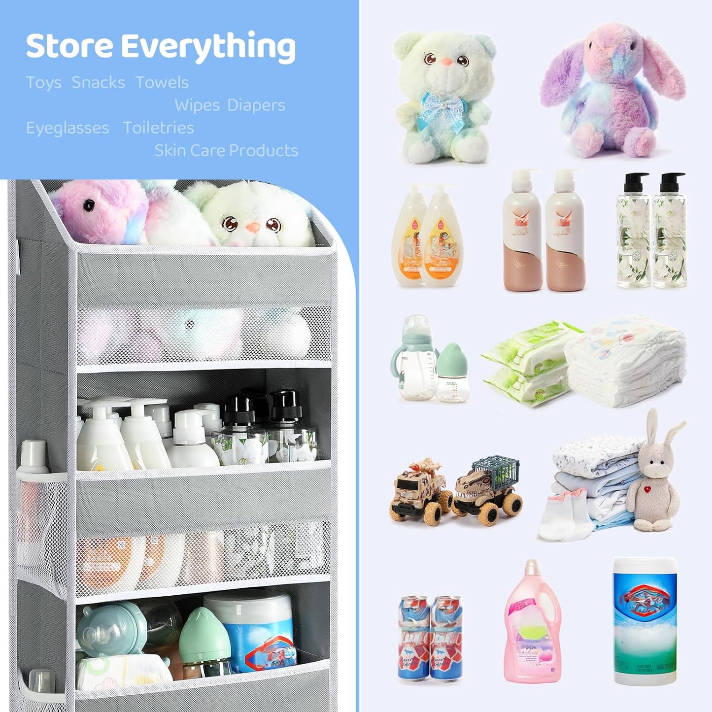 Yecaye 3 Pack 4-Tier Over The Door Organizer - Foldable Portable Baby Essentials for Stuffed Animal Storage - Multi-Purpose Bathroom Closet Organizers and Storage for Kids Newborn Baby Stuff Gray