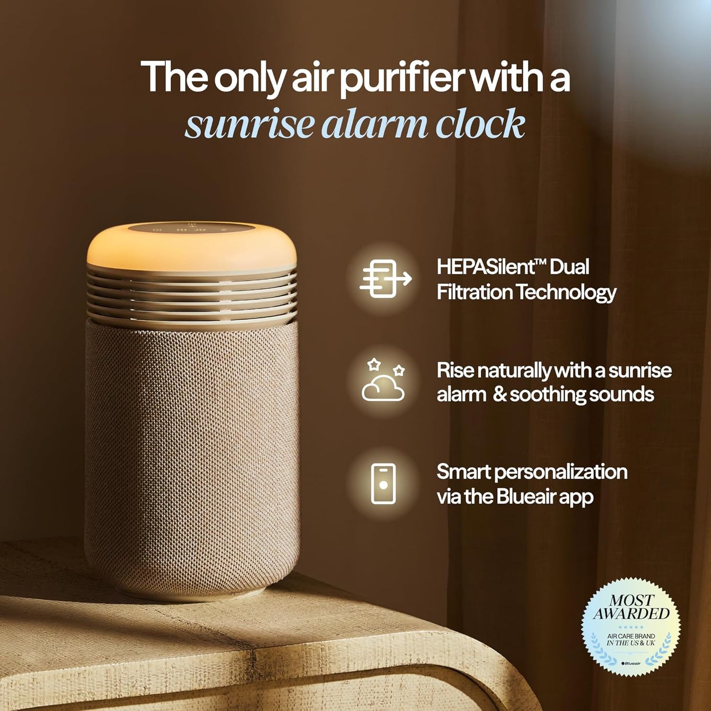 BLUEAIR Purifier for Bedroom - Mini Restful - Sunrise Clock with HEPASilent Filtration and Wake Up Light - Cleans Air and Supports Circadian Rhythm - USB-C and App Connectivity