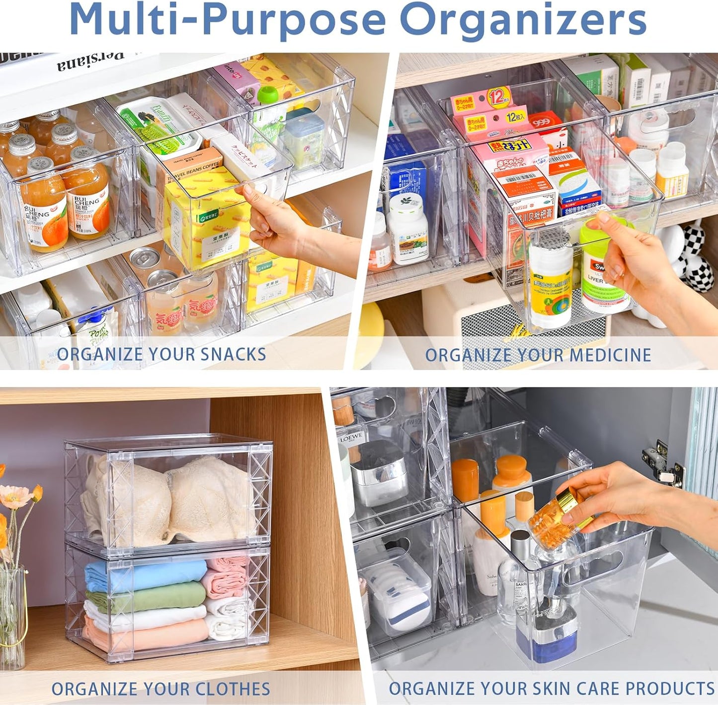 Plastic Drawers Storage, 4Pack Clear Stackable Storage Drawers, Acrylic Storage Bins with Drawers for Fridge Organizers, PlasticDrawers Stackable for Makeup Organizers Cosmetic Display, Large