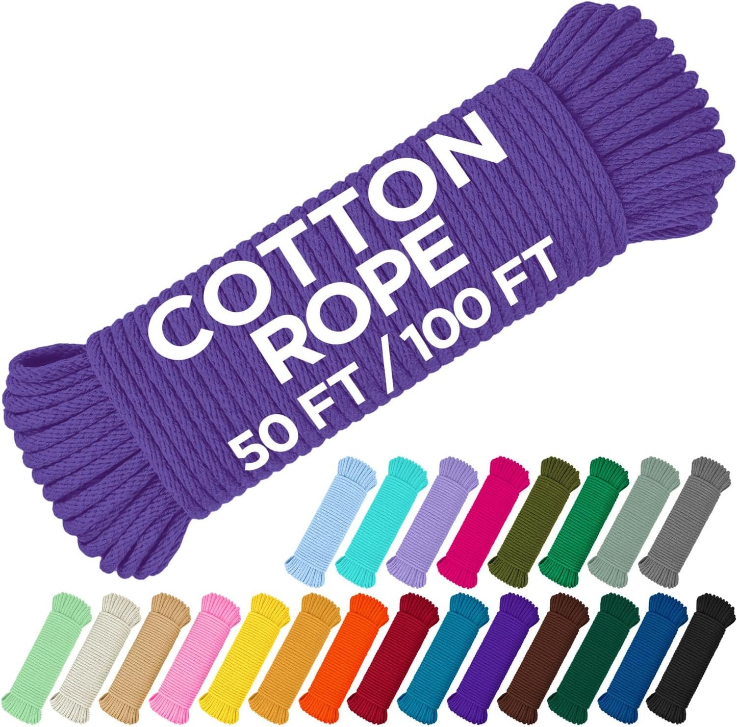 TECEUM Cotton Rope 3/16” (5 mm) – 100 FT – Strong All-Purpose Braided Rope – Natural Cotton – for Crafting, Сamping, Clothes Line, DIY, Indoor & Outdoor Use – Purple