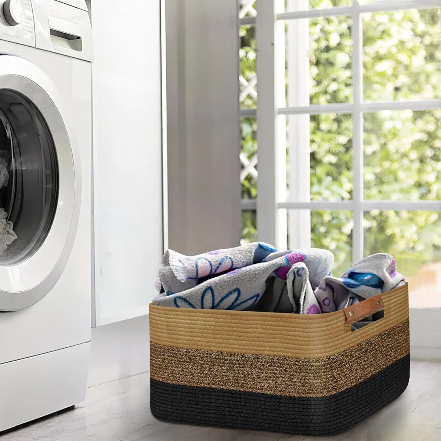 Large Collapsible Laundry Basket, Clothes Hamper for Blanket, Toy, Towels, Woven Baskets for Storage, Nursery Home Decor Living room 21.6" x 15" x 11.8" Black