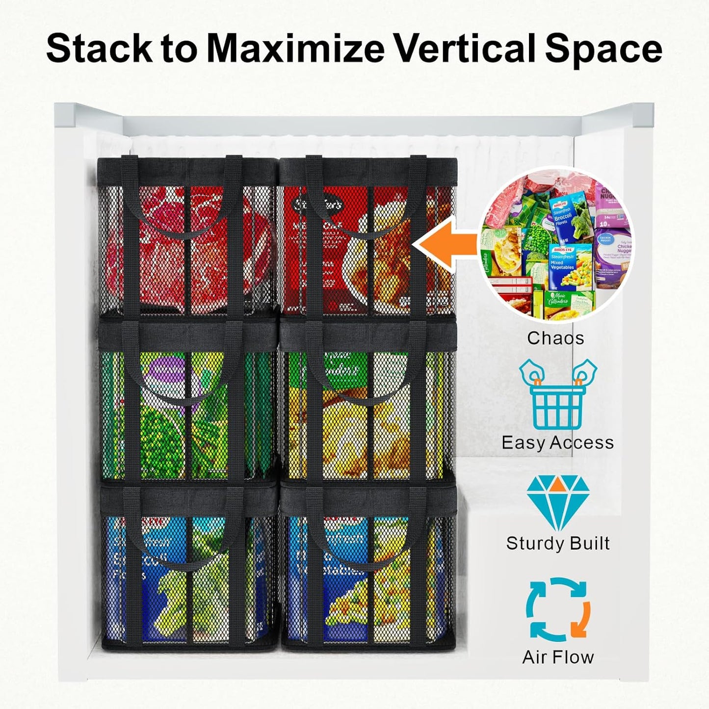 iSPECLE Deep Freezer Organizer Bins - 2 Pack Large Stackable Freezer Organizer Bins for 5 to 7 Cu.Ft Chest Freezers Easy Get Foods without Digging, Faster Freezing Better Freshness, Black