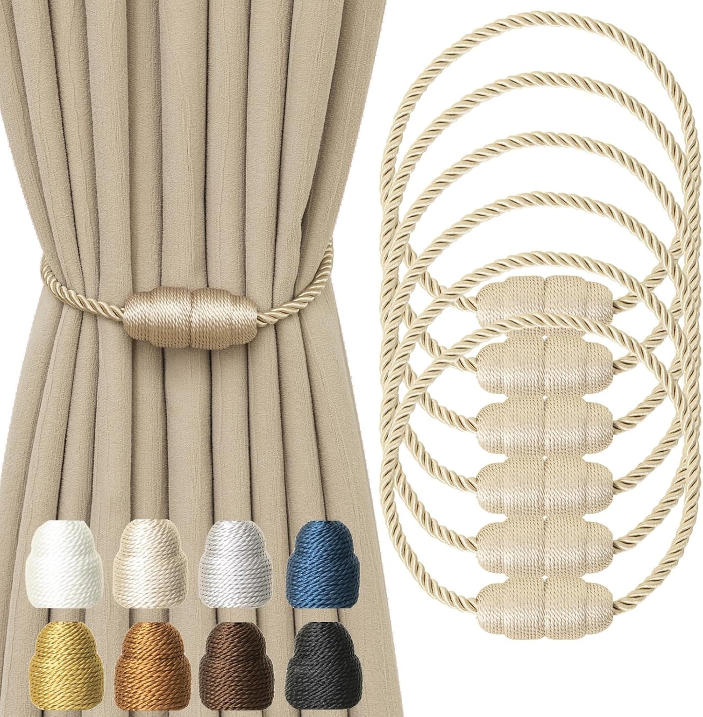 Magnetic Curtain Tiebacks - Rope Tiebacks for Curtains & Drapes, Decorative Window Holdbacks (6 Pack, Beige)