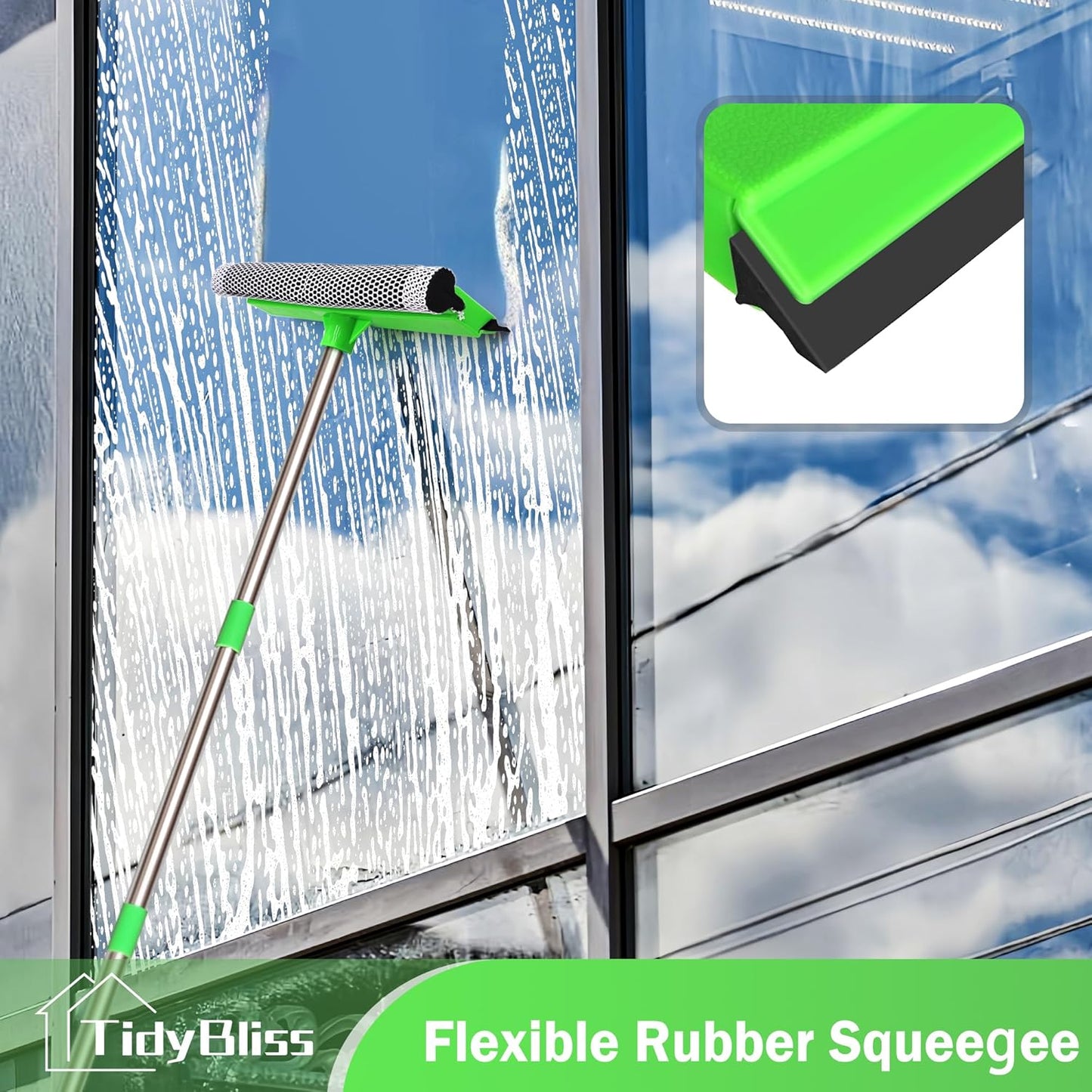 Window Squeegee Professional, 56” Car Windshield Glass Cleaner Tool with Extension Pole, Long Handle Household 10 inches Washer Sponge Scrubber Kit for Cleaning Home Mirror Outdoor (Green)