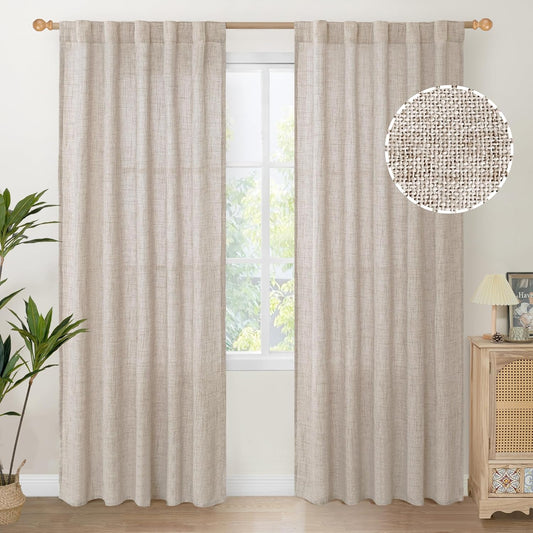 YoungsTex Natural Linen Curtains 84 Inches for Living Room Back Tab and Rod Pocket Textured Window Drapes for Bedroom Dining Farmhouse Light Filtering, 42 X 84 Inch, 2 Panels