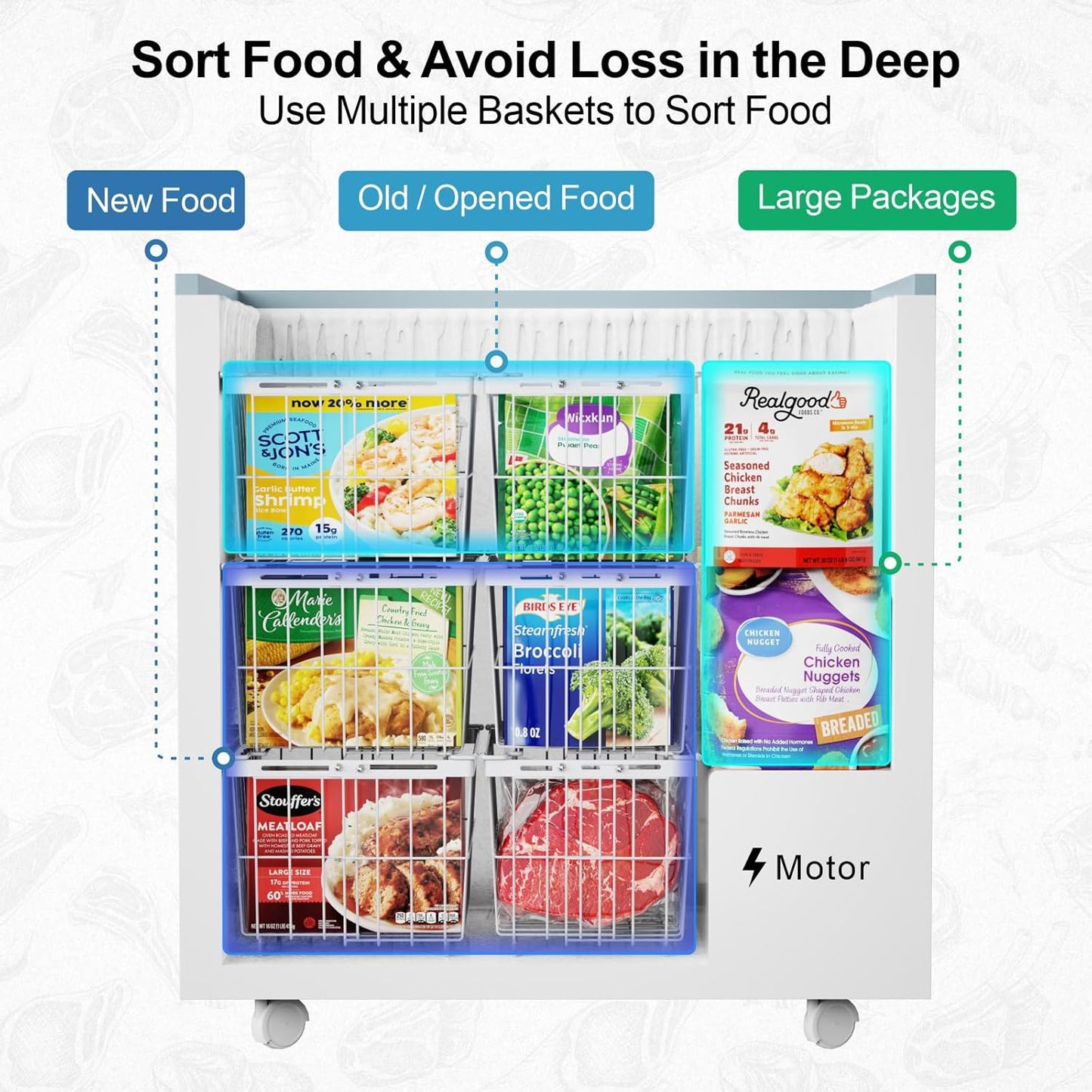 iSPECLE Chest Freezer Organizer Bins - 6 Pack Large Adjustable Freezer Organizer Bins for 5 to 9 Cu.FT Deep Freezer, Easy Access & Stackable Chest Freezer Organizer Hold More Food, White