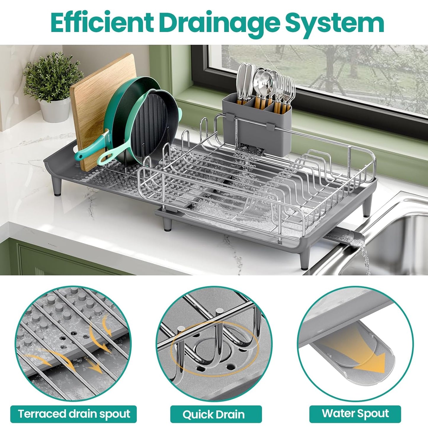 Expandable Dish Drying Rack, Foldable Dish Rack for Kitchen Counter, Stainless Steel Collapsible Dish Drainer Racks with Cutlery Holder, Gray