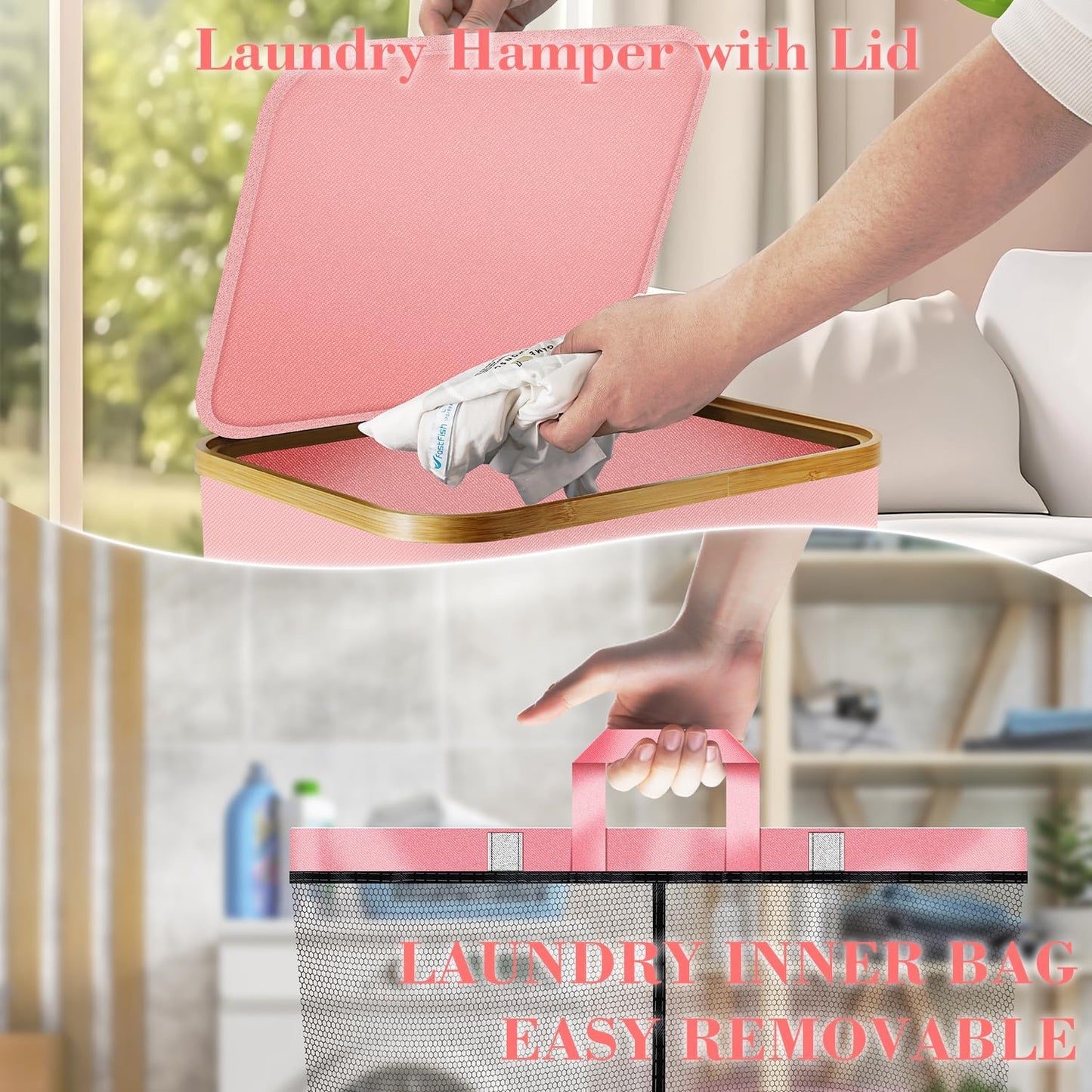 Laundry Hamper with Wheels,29 Gal (110L) Laundry Basket with lid Rolling Clothes Hamper Foldable Dirty Clothes Basket on wheels with Bamboo Frame and Bag for Bedroom, Dorm, Laundry Room-Pink