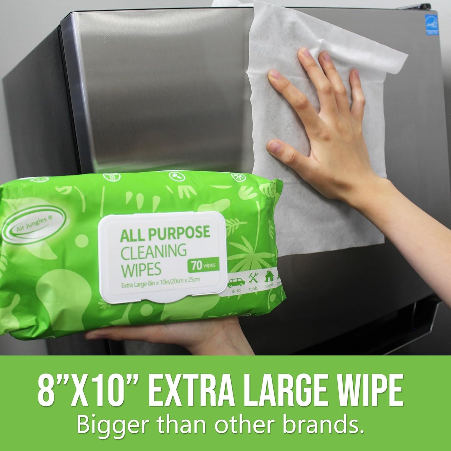 Air Jungles All Purpose Car and Home Cleaning Wipes 70 Count, Extra Large 8" x 10" Heavy Duty for Car Interior Vinyl, Kitchen, Bathroom, Furniture, Tool