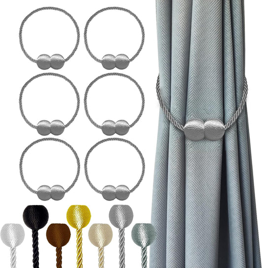 Hion Magnetic Curtain Tiebacks Grey 6 Pack, Curtain Tiebacks Buckles Holdbacks Holders Hooks Clip for Home Bedroom Office Decorative Thick or Thin Curtain