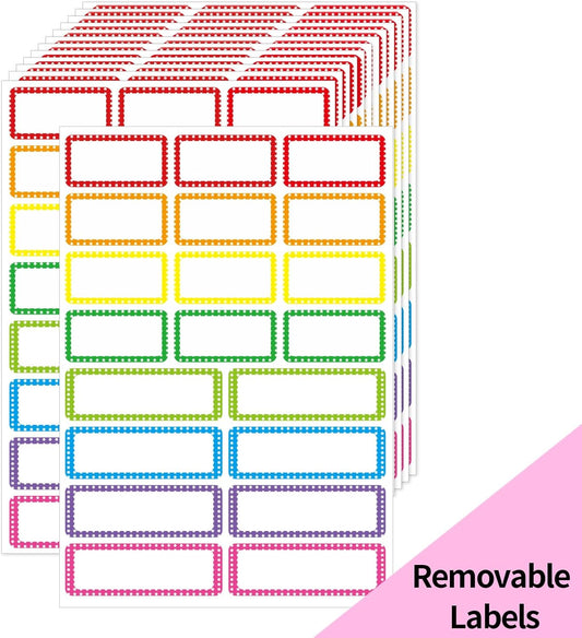Removable Colored Labels Stickers, Self-Adhesive Rectangular Stickers Star Border Water/Oil/Tear Resistant for Storage/Classroom/Home (2 Size, 300 Labels)
