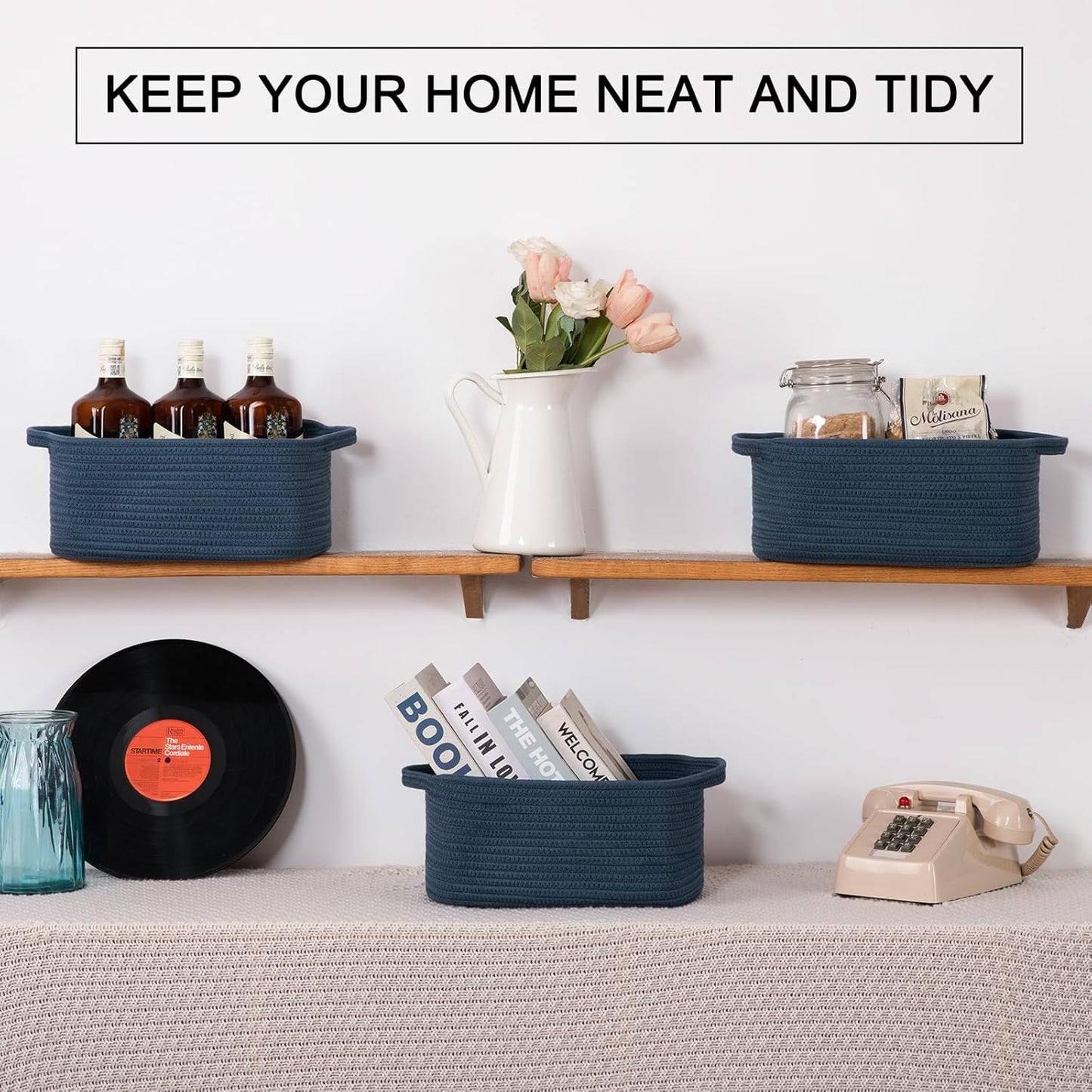 OIAHOMY Cotton Rope Woven Baskets for Storage, Nursery Rectangle Storage Basket with Handles for Shelves, Pack of 3, Blue