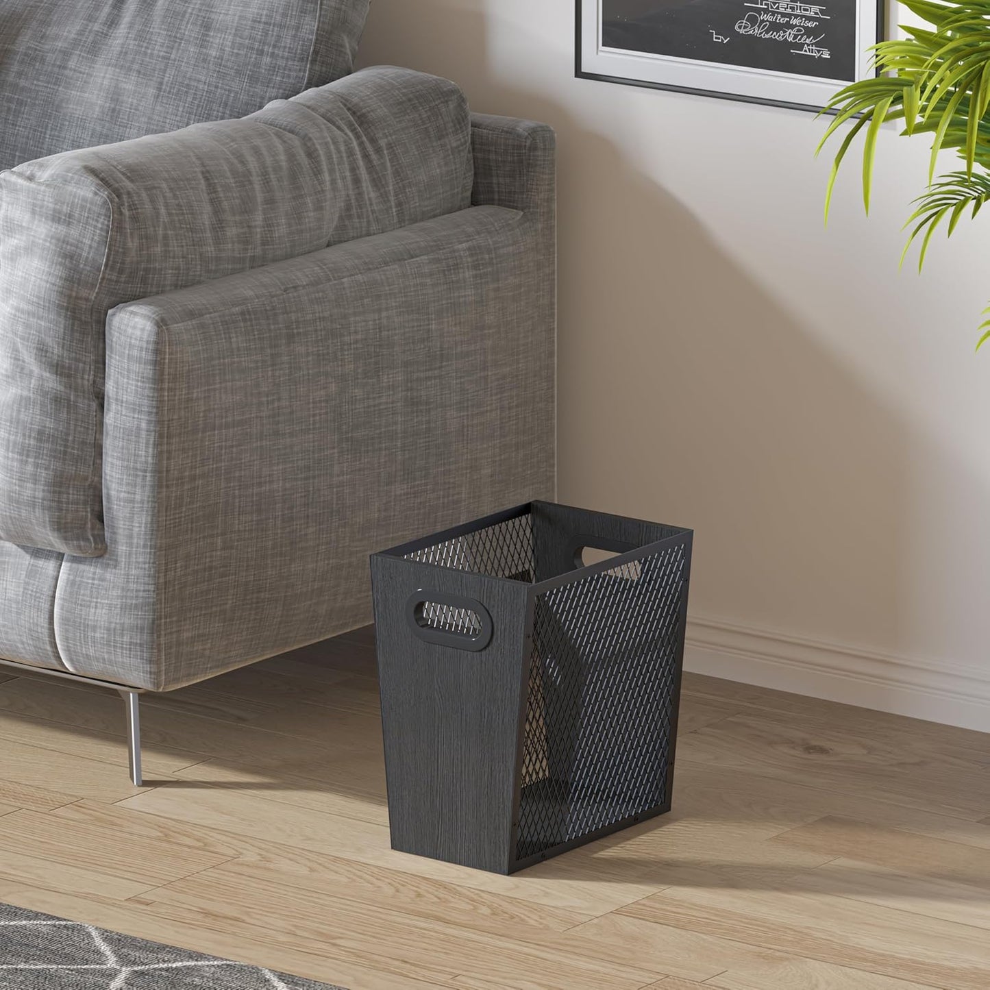 Piskyet Black Office Trash Can for Near Desk, 4.5 Gallon Unique Wood Bedroom Garbage Can,Vintage Wastebasket with Handle, Decorative Trash Can for Home Office,10.8" L x 7.8" W x 11.8" H