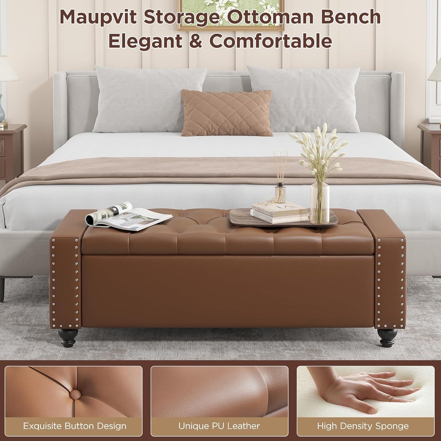 Maupvit Storage Ottoman Bench, 49 Inch Bedroom Bench, Upholstered Ottoman with Storage, Entryway Bench with Tufted Button, Faux Leather Window Bench for Bedroom, Living Room, Entryway, Hallway, Brown