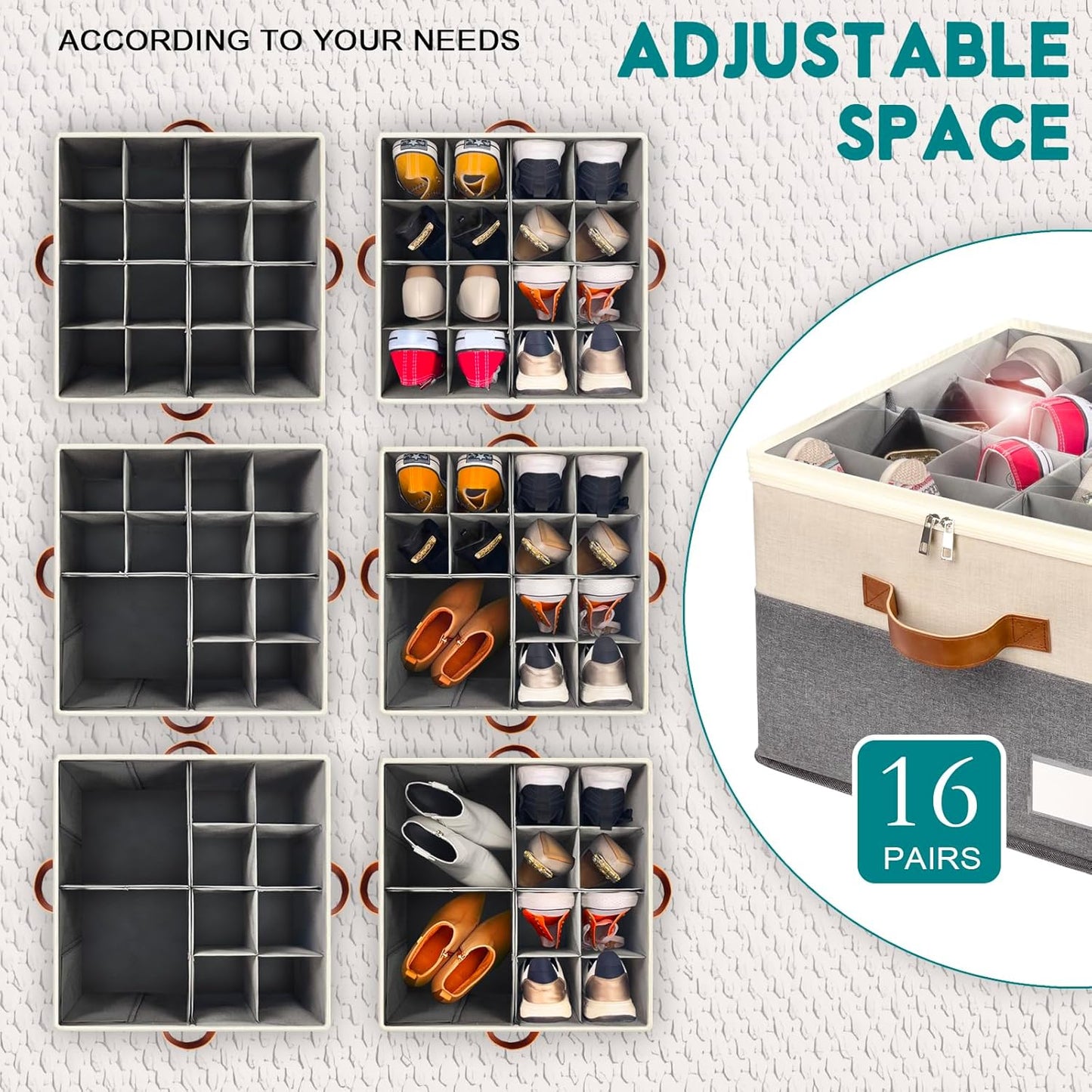 Shoe Organizer for Closet, Foldable Shoe Storage Bins with Clear Cover, Space Saving Shoes Holder with 4 Handles, Large Adjustable Shoe Box Storage Containers, Fits 8-16 Pairs, 1 Pack, Beige