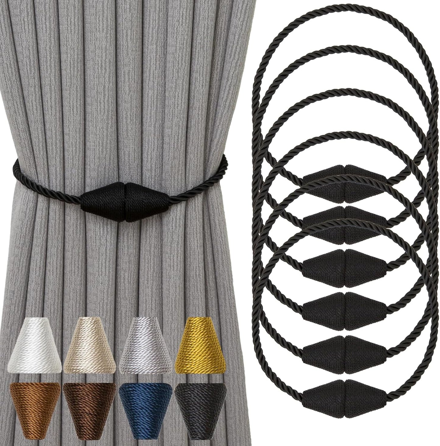 Magnetic Curtain Tiebacks 6 Pack Outdoor Rope Curtain Tie Backs Decorative Window Treatment Holdbacks for Home Decorative Curtain, Black