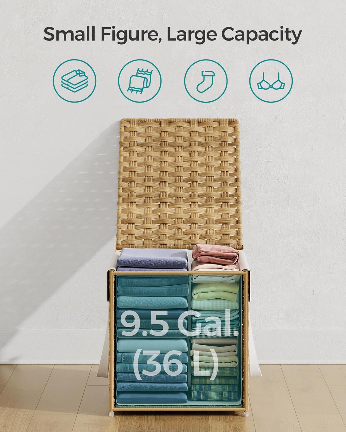 SONGMICS Laundry Hamper with Lid, 9.5 Gallon (36 L) Synthetic Rattan Clothes Laundry Basket with Lid and Handles, Foldable, Removable Liner, Goose Yellow ULCB136Y01