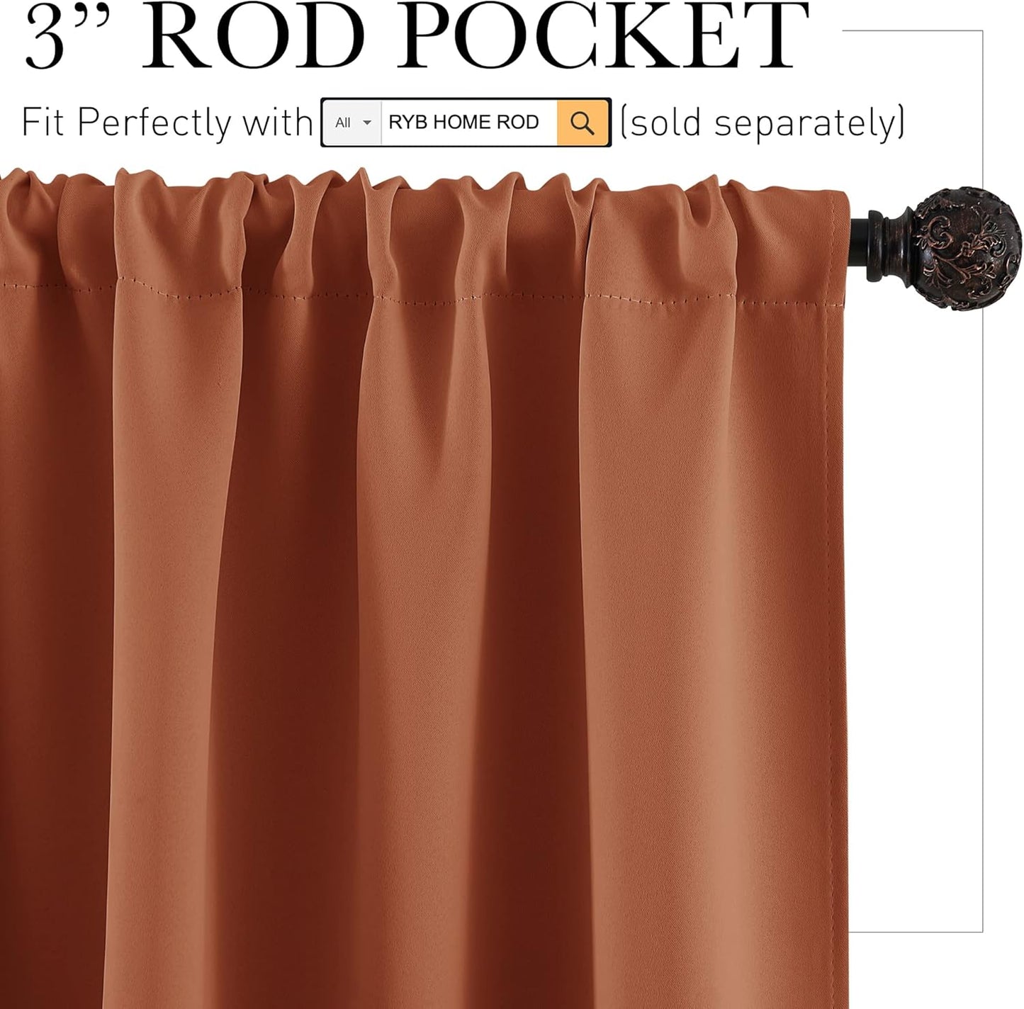 RYB HOME Small Curtains for Bathroom Windows, Blackout Blinds Shades for Bedroom Dorm Storage Cabinet Door Basement Farmhouse Decor, W 34 x L 36 inches, Burnt Orange, 2 Panels