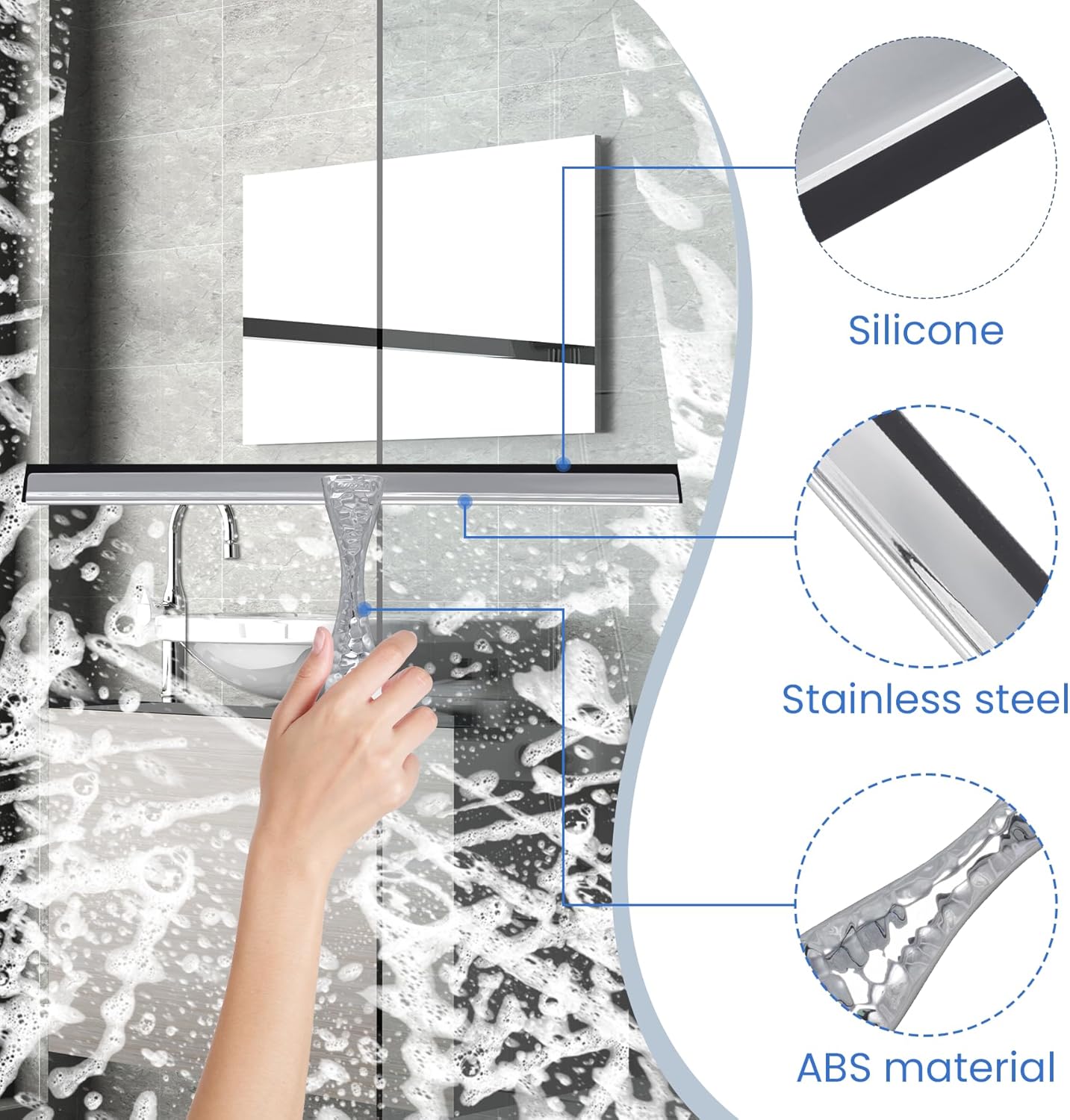 12" Silver Shower Squeegee with Hammered Handle & Waterproof Hook for Glass Doors, Silicone Bathroom Tile Wall and Car Window - Streak-Free Handheld Squeegee