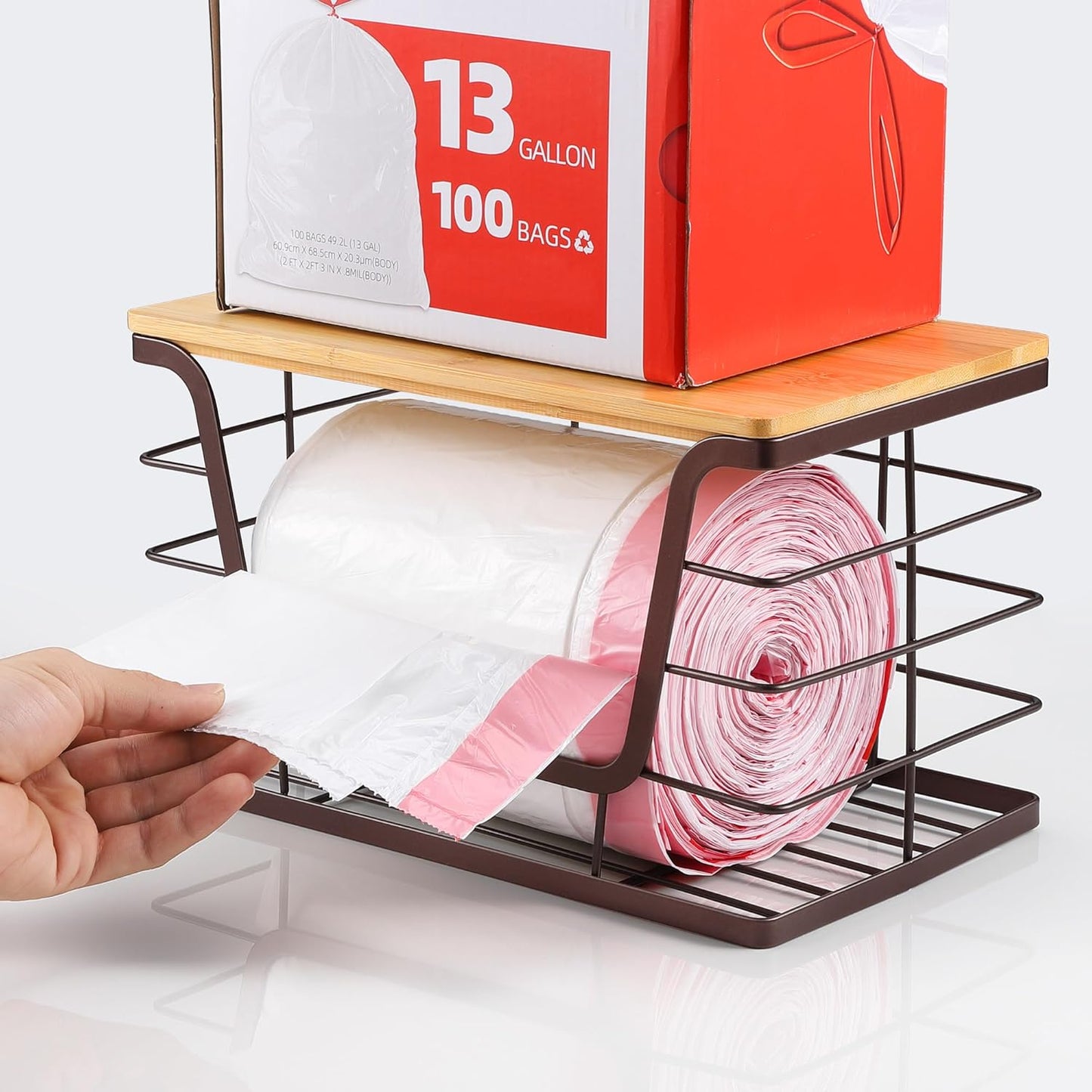 ALOCEO Extra Large Trash Bag Dispenser Under Sink, Stainless Steel Stackable Storage for Kitchen Pantry Organizers and Storage, Brown